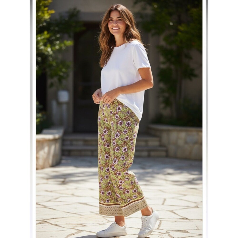 Cupcakes & Cashmere Boho Floral Wide-Leg Pants Green Purple High Rise Size L